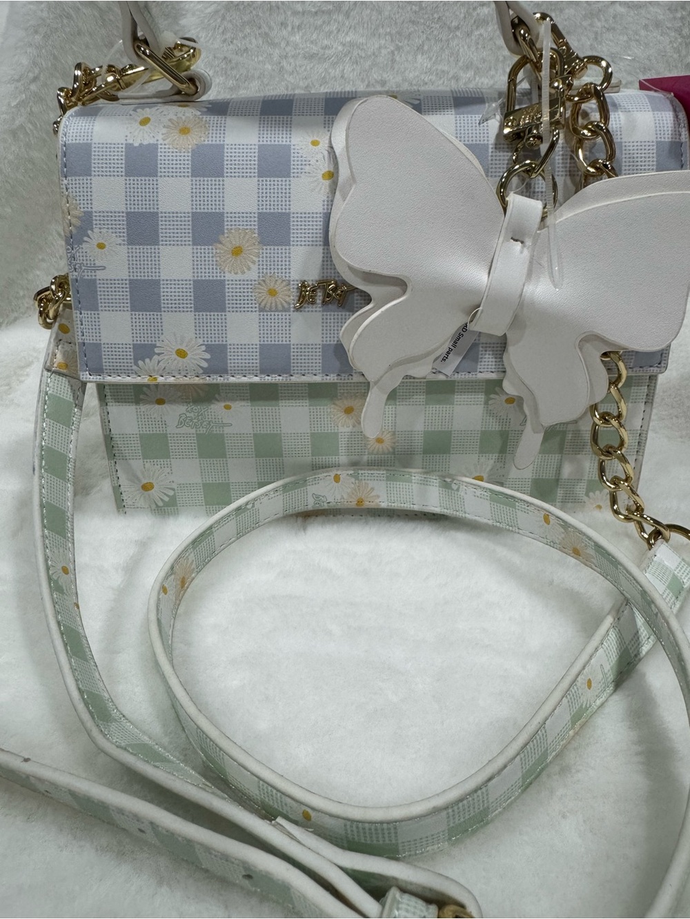 NWT Betsey Johnson-White Butterfly Accent Checked Crossbody Bag - Women